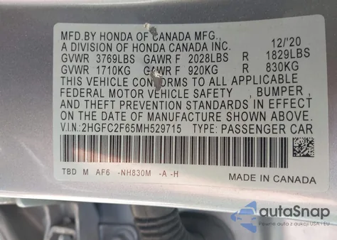 2021 Honda Civic Lx из США, поврежденный, VIN 2HGFC2F65MH529715